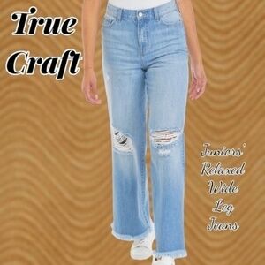 TRUE CRAFT Juniors' Relaxed Fit Wide Leg Raw Hem Jeans